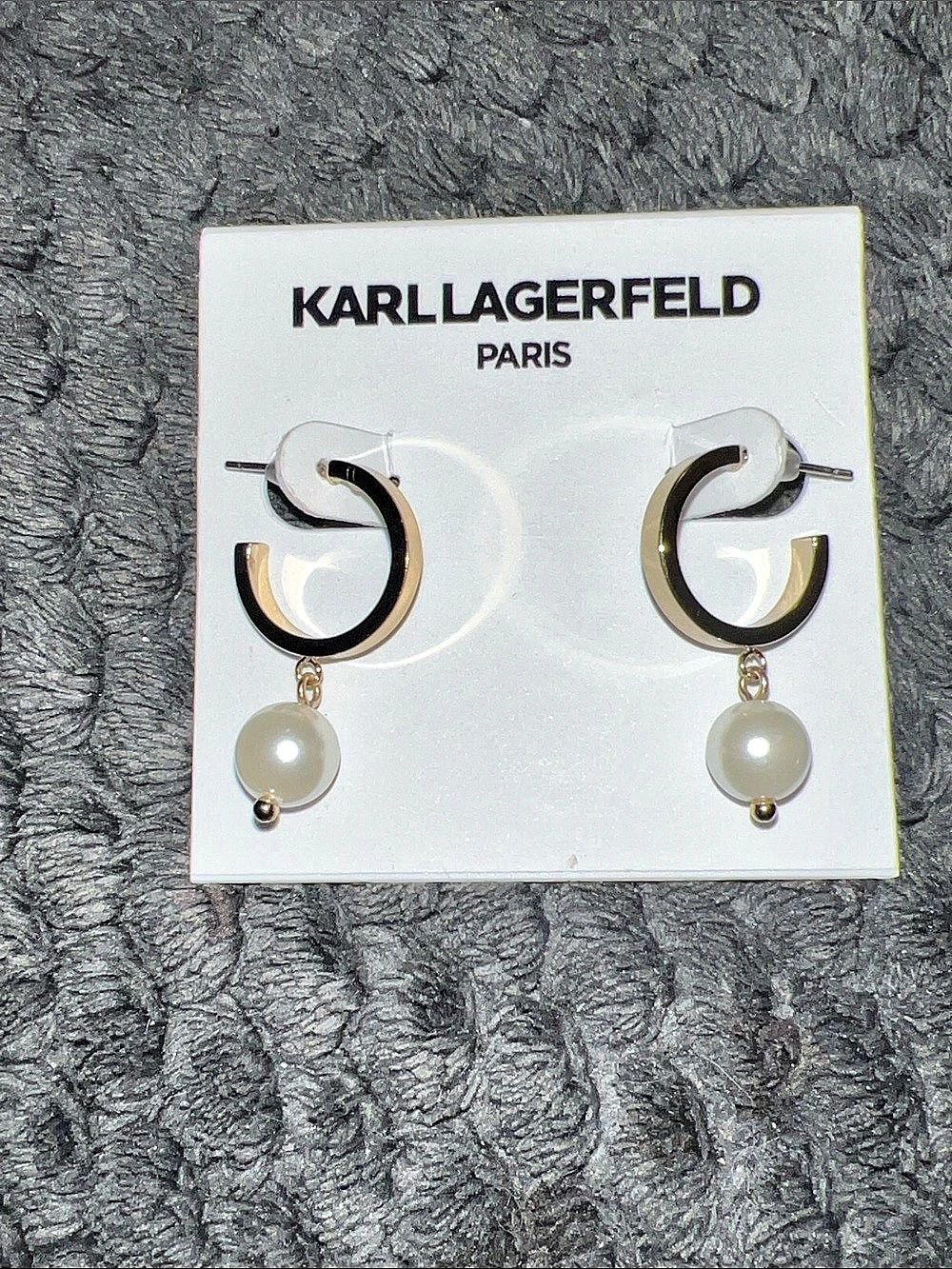 Karl Lagerfeld Hoop Pearl Drop Earrings in Gold & White NWT